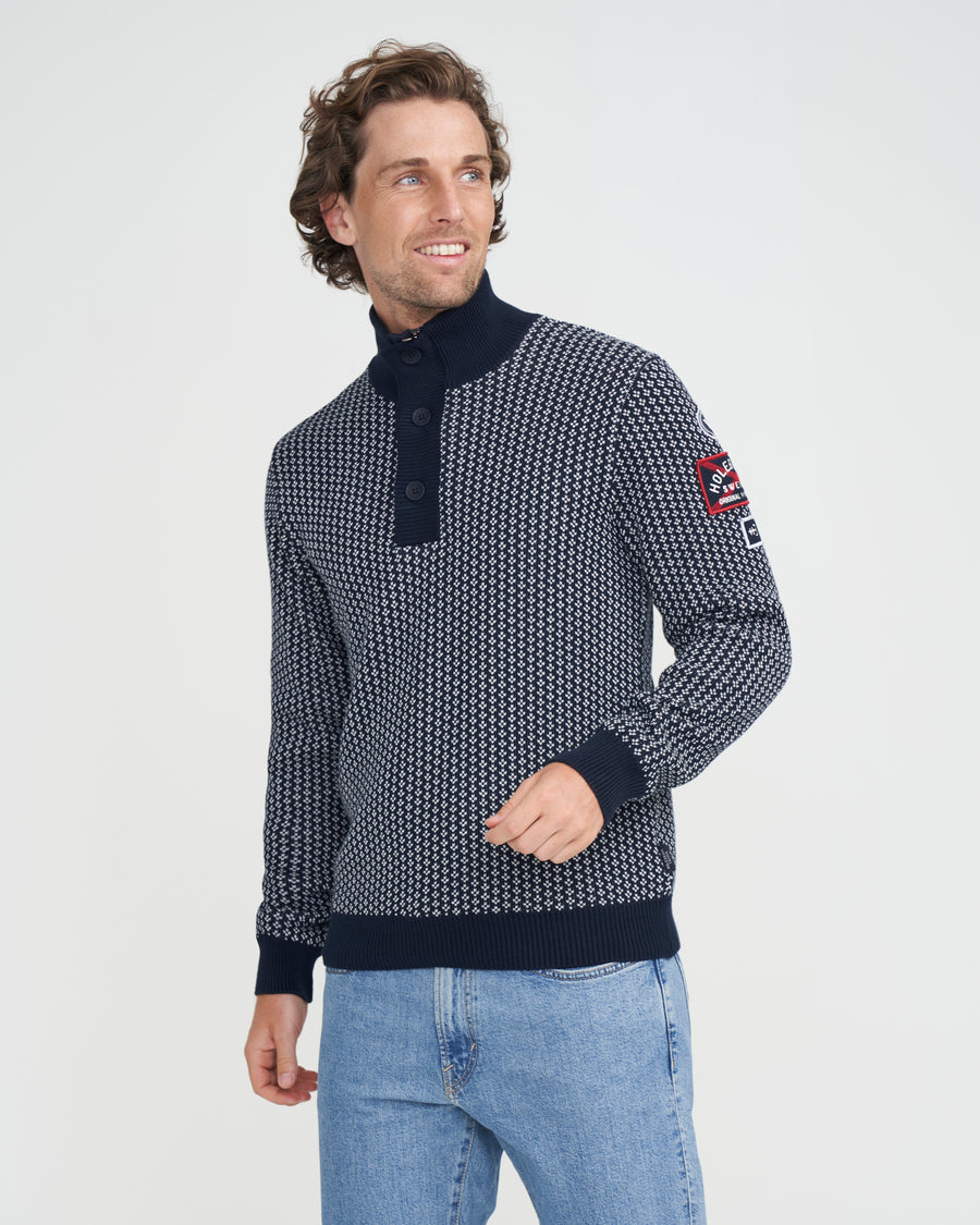 Frej T-Neck WP- Navy/Off White Jacquard
