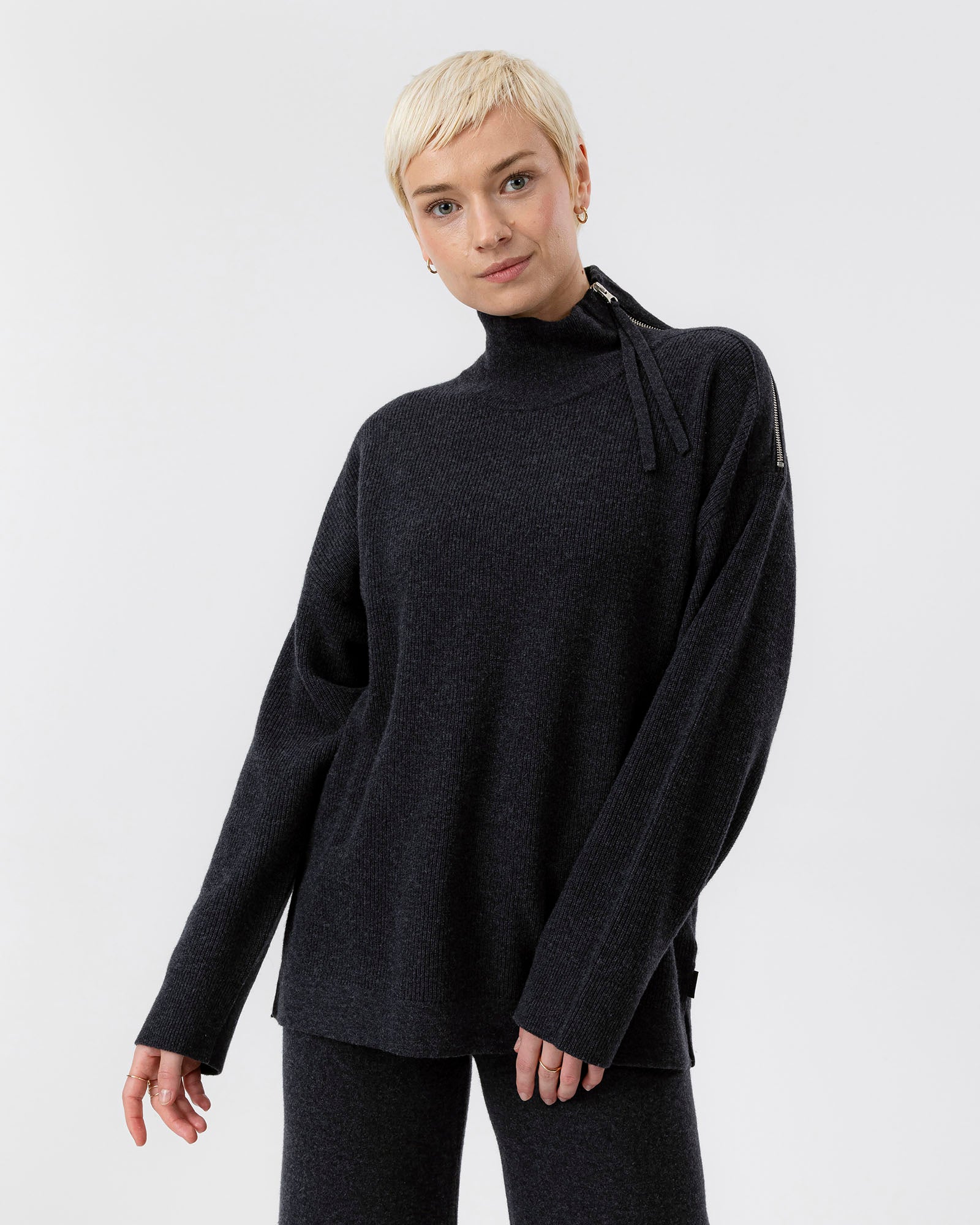 Kristina Zip Sweater- Black Mel