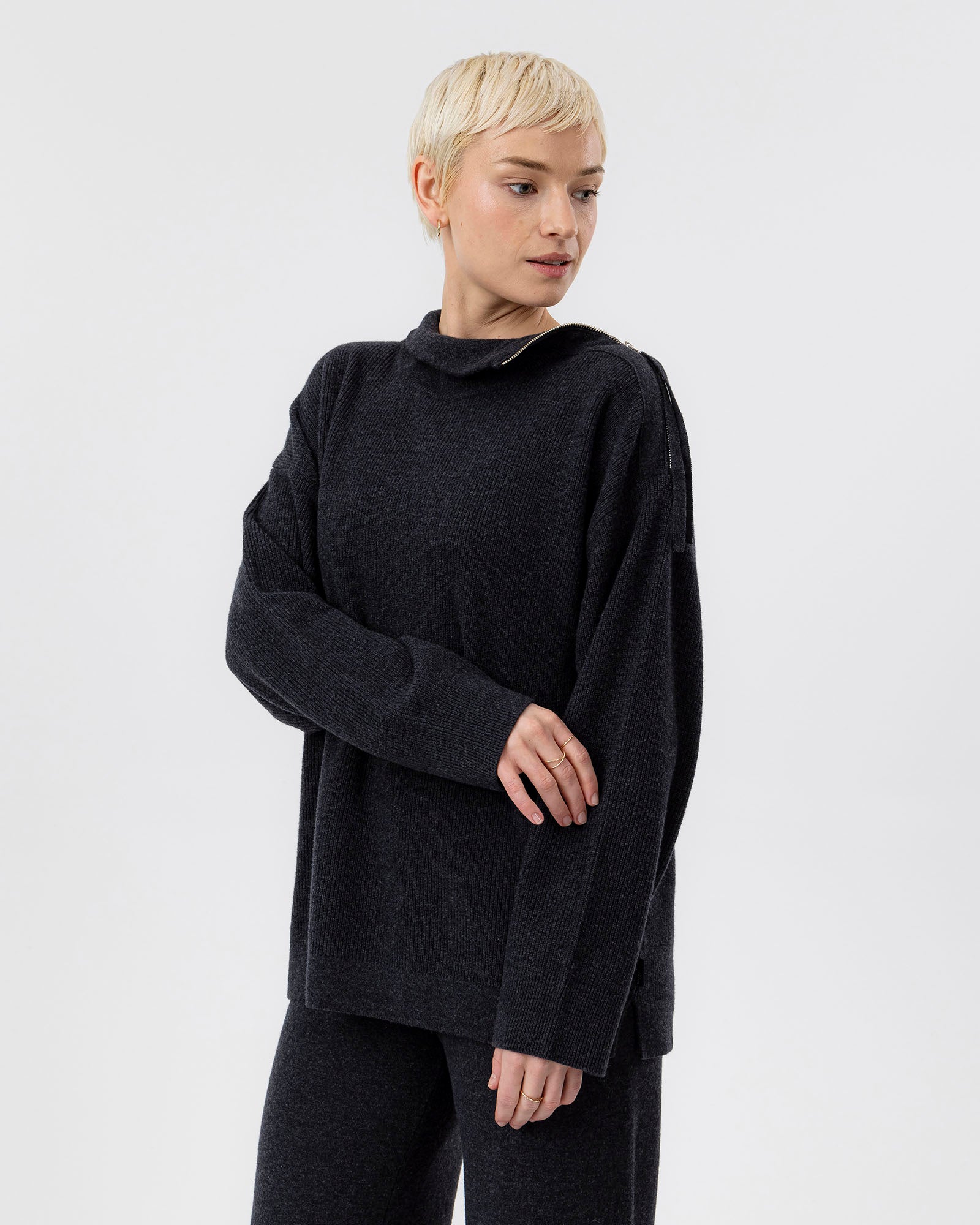 Kristina Zip Sweater- Black Mel