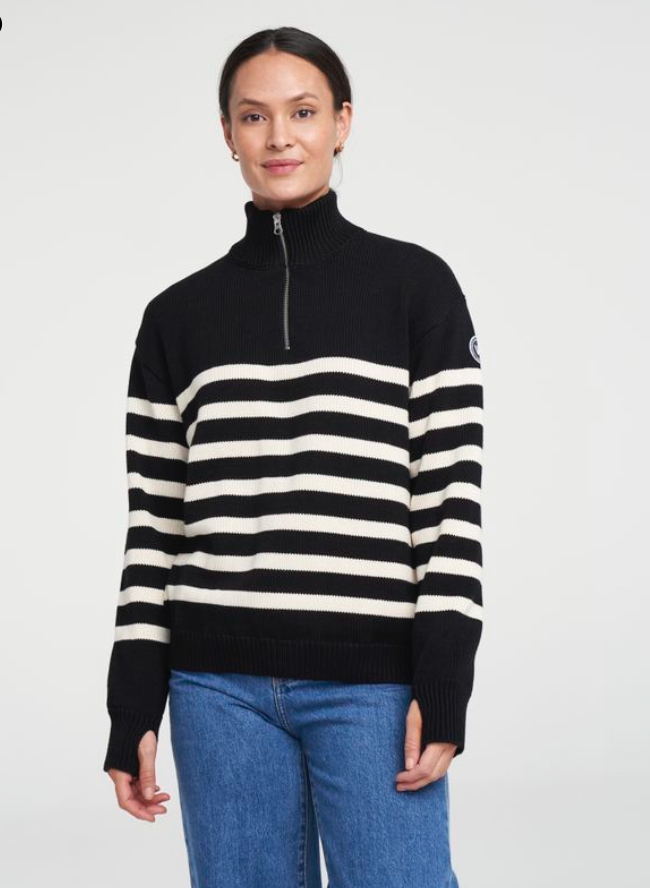 Regina T- Neck Windproof Sweater- Black/Ecru